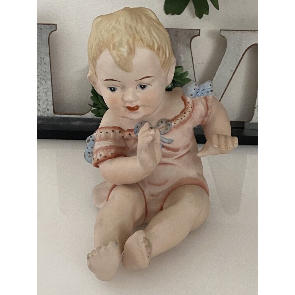 Porcelain Bisque‎ Piano Baby Boy Pink Dress Blue Bows Sitting Up Stamped 23/112